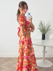 Style Cheat Red Tiered Floral Maxi Zoe Puff Sleeve Dress - Image 2 of 5