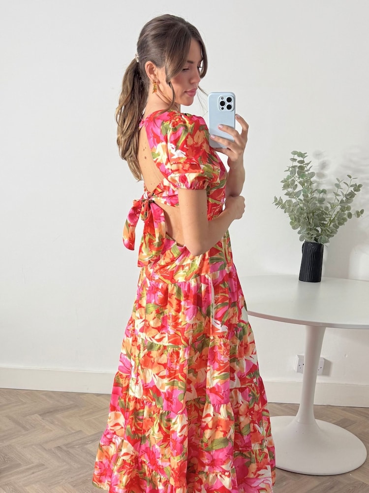 Style Cheat Red Tiered Floral Maxi Zoe Puff Sleeve Dress - Image 3 of 5