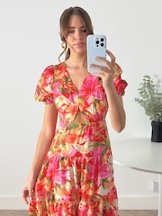 Style Cheat Red Tiered Floral Maxi Zoe Puff Sleeve Dress - Image 4 of 5