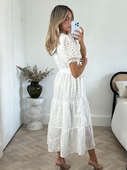 Style Cheat White Wrap Front Belted Broderie Claudia Midi Dress - Image 2 of 4