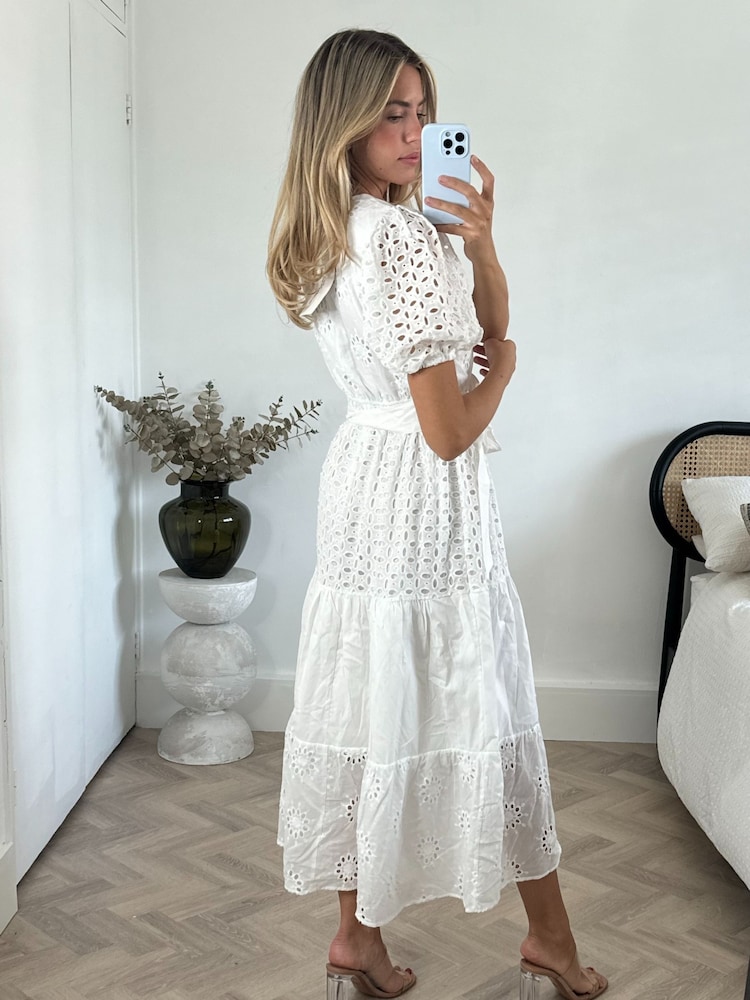 Style Cheat White Wrap Front Belted Broderie Claudia Midi Dress - Image 2 of 4