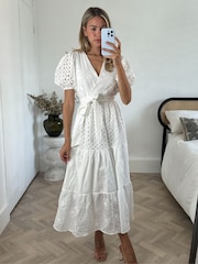 Style Cheat White Wrap Front Belted Broderie Claudia Midi Dress - Image 4 of 4