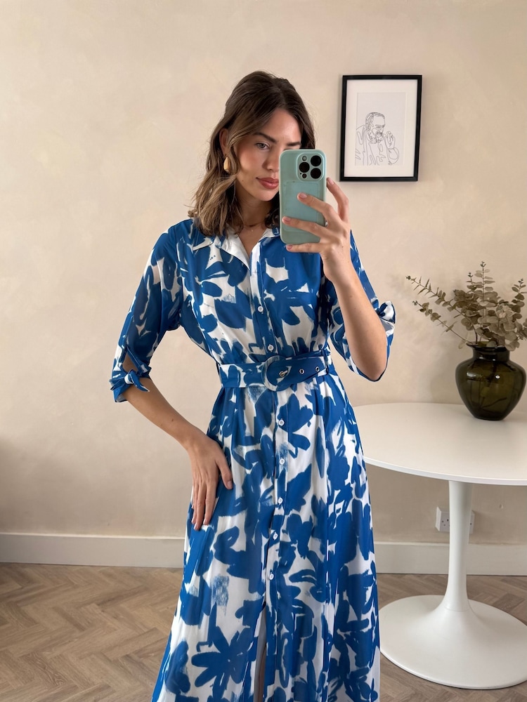 Style Cheat Blue Daphne Belted Shirt Dress - Image 3 of 4
