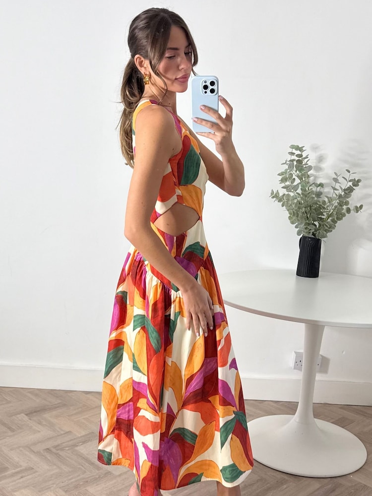 Style Cheat Orange Tropical Print One Shoulder Printed Jasmine Midi Dress - Image 3 of 5