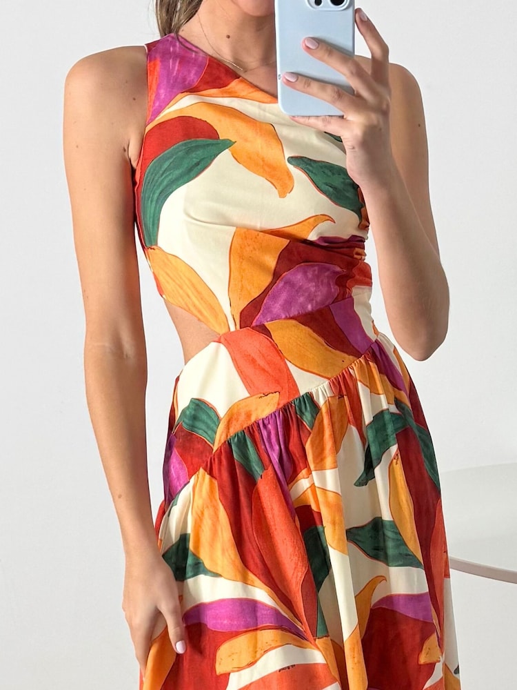 Style Cheat Orange Tropical Print One Shoulder Printed Jasmine Midi Dress - Image 4 of 5
