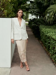 Champagne Gold Satin Midi Skirt With Lace Trim - Image 1 of 8