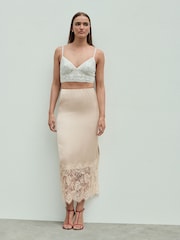 Champagne Gold Satin Midi Skirt With Lace Trim - Image 2 of 8