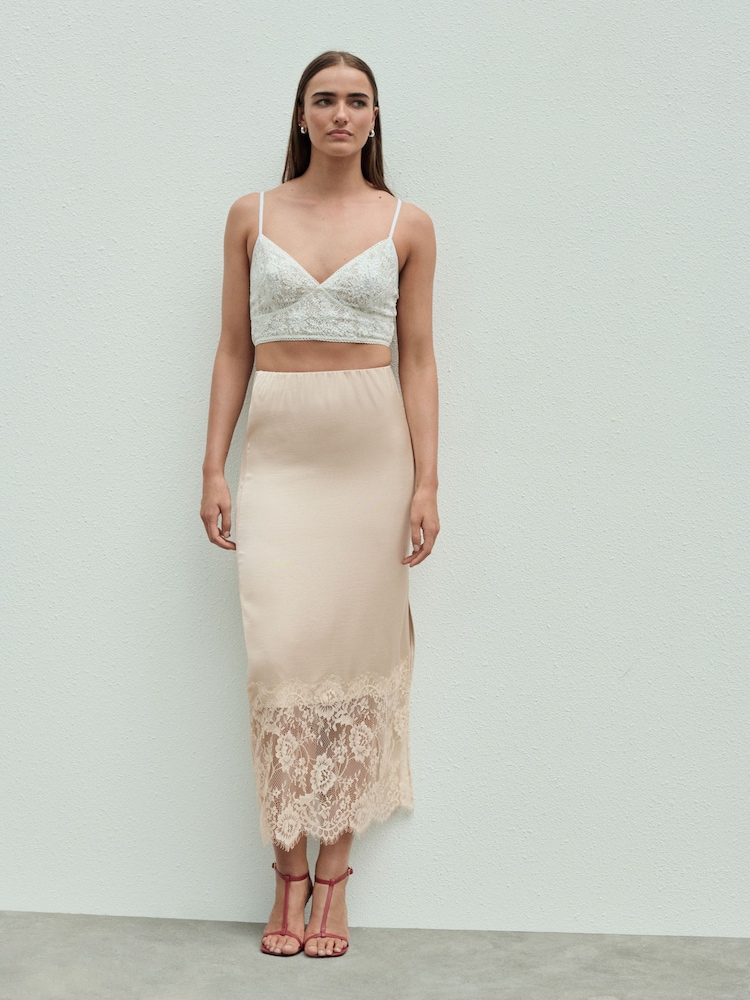 Champagne Gold Satin Midi Skirt With Lace Trim - Image 2 of 8