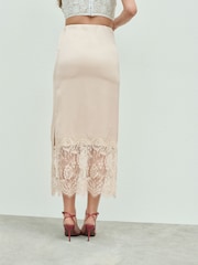 Champagne Gold Satin Midi Skirt With Lace Trim - Image 3 of 8