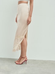 Champagne Gold Satin Midi Skirt With Lace Trim - Image 4 of 8