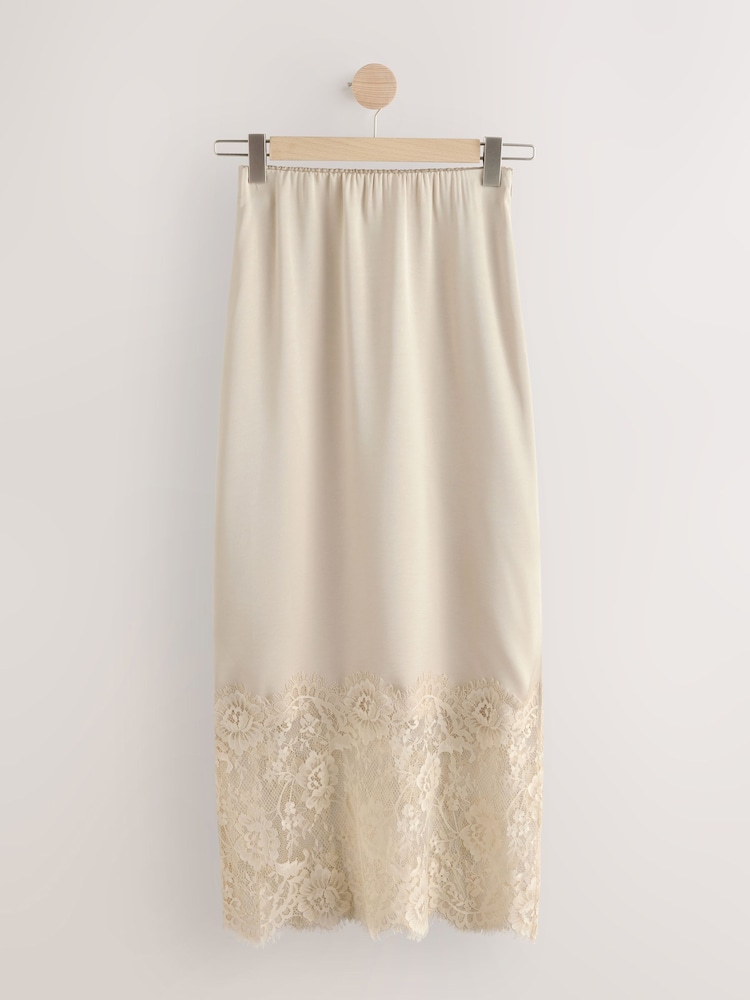 Champagne Gold Satin Midi Skirt With Lace Trim - Image 6 of 8