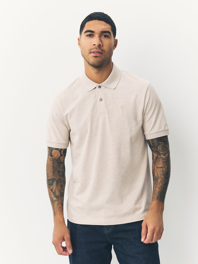 Light Neutral Marl Regular Fit Short Sleeve Pique Polo Shirt - Image 1 of 7 Light Neutral Marl Regular Fit Short Sleeve Pique Polo Shirt - Image 1 of 7