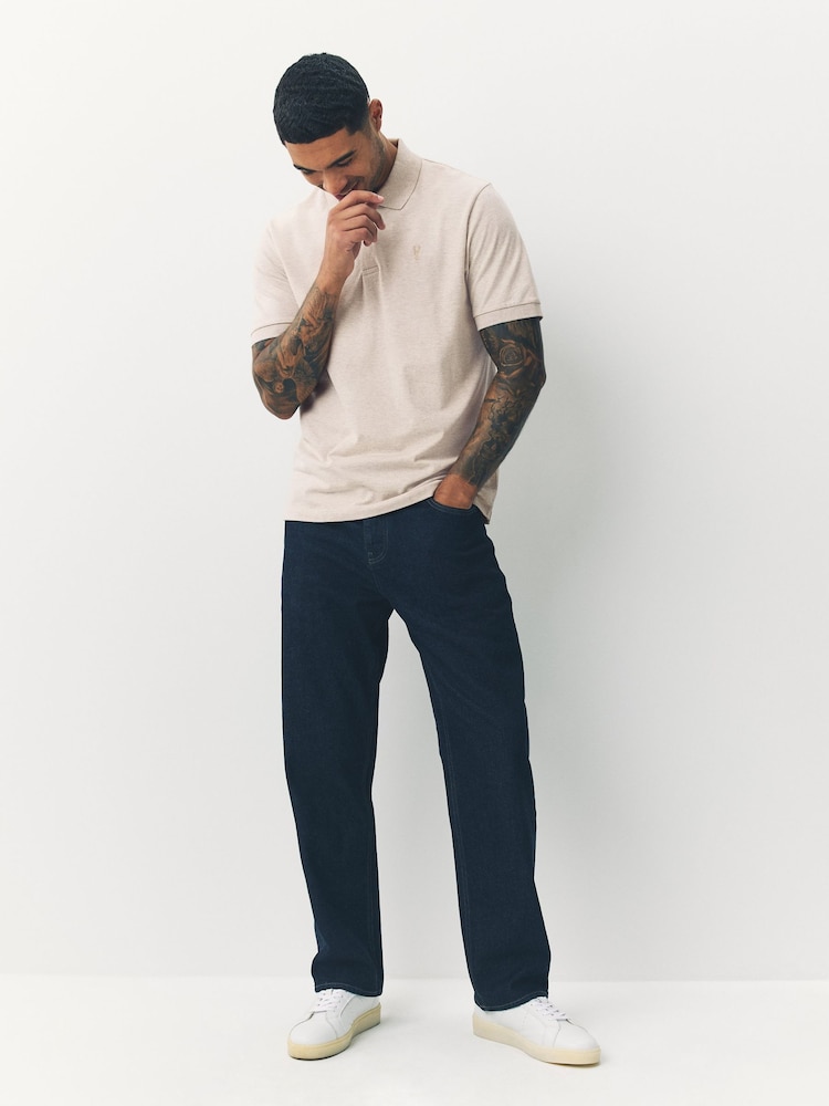 Light Neutral Marl Regular Fit Short Sleeve Pique Polo Shirt - Image 2 of 7 Light Neutral Marl Regular Fit Short Sleeve Pique Polo Shirt - Image 2 of 7