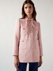 LK Bennett Pink Rosie Soft Blend Round Neck Long Line Tweed Jacket - Image 1 of 3
