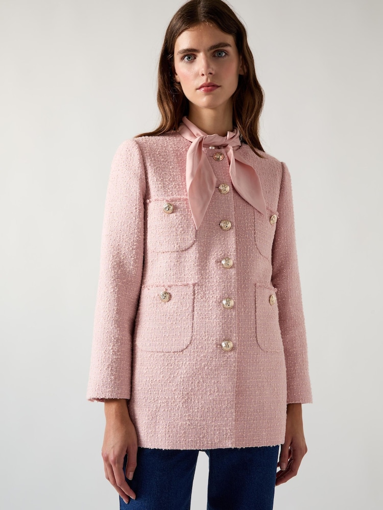 LK Bennett Pink Rosie Soft Blend Round Neck Long Line Tweed Jacket - Image 1 of 3