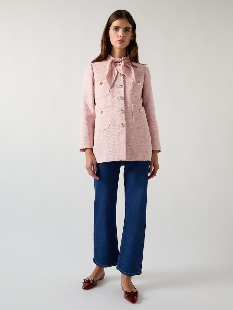 LK Bennett Pink Rosie Soft Blend Round Neck Long Line Tweed Jacket - Image 2 of 3