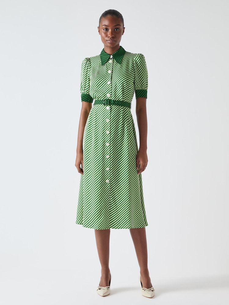Vestido camisero de viscosa en tono cálido con estampado a rayas en verde intenso y cinturón Petite Val de LK Bennett - Imagen 1 de 4 Vestido camisero de viscosa en tono cálido con estampado a rayas en verde intenso y cinturón Petite Val de LK Bennett - Imagen 1 de 4