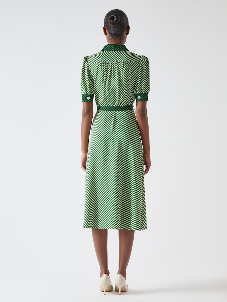 Vestido camisero de viscosa en tono cálido con estampado a rayas en verde intenso y cinturón Petite Val de LK Bennett - Imagen 2 de 4 Vestido camisero de viscosa en tono cálido con estampado a rayas en verde intenso y cinturón Petite Val de LK Bennett - Imagen 2 de 4