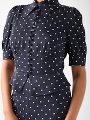 LK Bennett Blue Elsie Spring & Birch Viscose 40'S Polka Dot Button Detail Blouse - Image 3 of 4