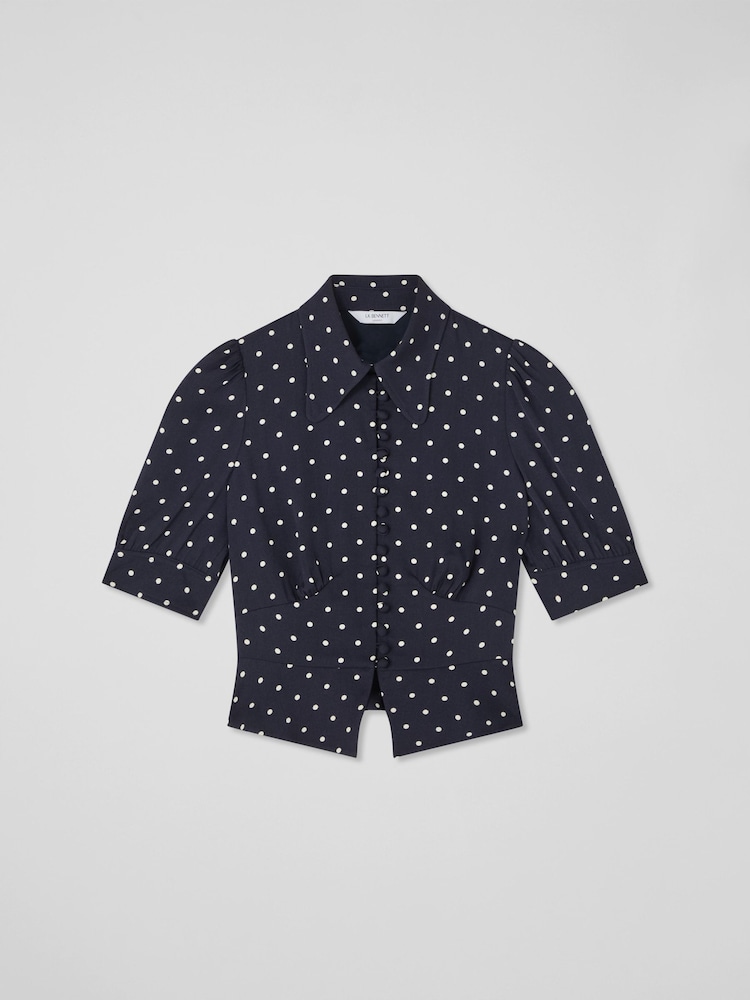 LK Bennett Blue Elsie Spring & Birch Viscose 40'S Polka Dot Button Detail Blouse - Image 4 of 4