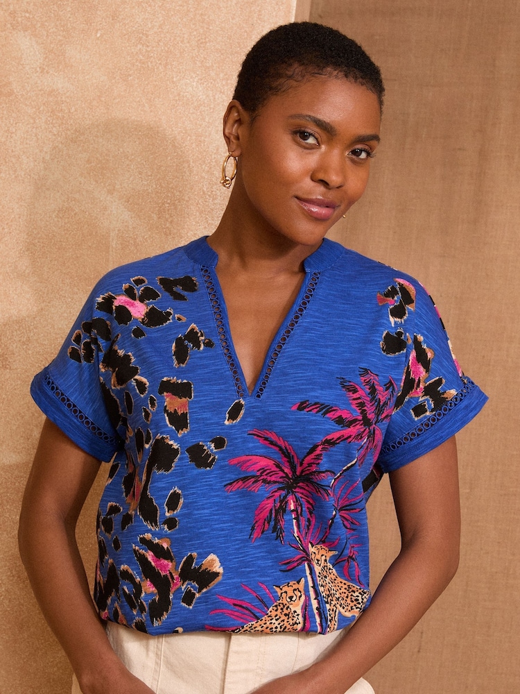 Love & Roses Cobalt Blue Animal Print 100% Cotton Lace trim V-Neck T-Shirt - Image 1 of 4