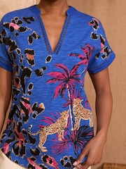 Love & Roses Cobalt Blue Animal Print 100% Cotton Lace trim V-Neck T-Shirt - Image 2 of 4