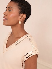Love & Roses Cream Sequin Trim V-Neck Jersey T-Shirt - Image 2 of 4