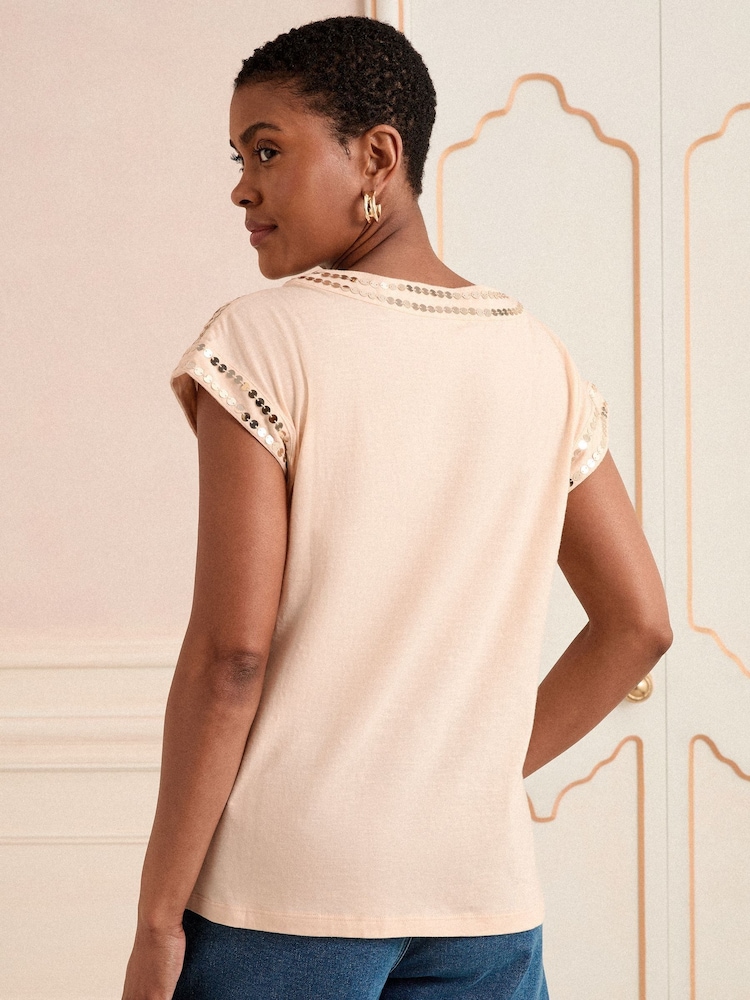 Love & Roses Cream Sequin Trim V-Neck Jersey T-Shirt - Image 4 of 4