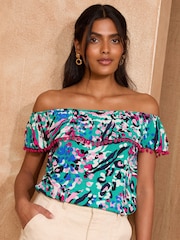 Love & Roses Blue Printed Bardot Top - Image 1 of 4