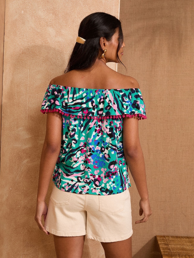 Love & Roses Blue Printed Bardot Top - Image 4 of 4 Love & Roses Blue Printed Bardot Top - Image 4 of 4