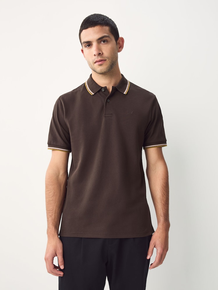 Brown Regular Fit Short Sleeve Tipped Polo Shirt - Image 1 of 3 Brown Regular Fit Short Sleeve Tipped Polo Shirt - Image 1 of 3