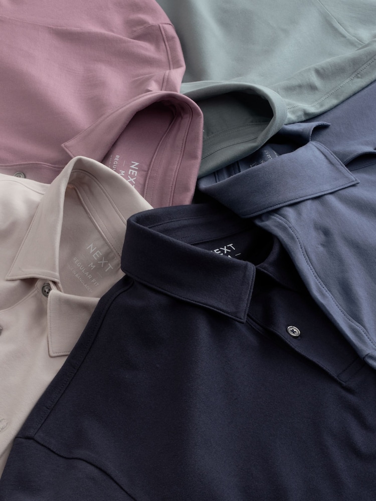 Black/Ecru/Blue/Green/Pink Regular Fit Short Sleeve Jersey Polo Shirts 5 Pack - Image 14 of 14 Black/Ecru/Blue/Green/Pink Regular Fit Short Sleeve Jersey Polo Shirts 5 Pack - Image 14 of 14