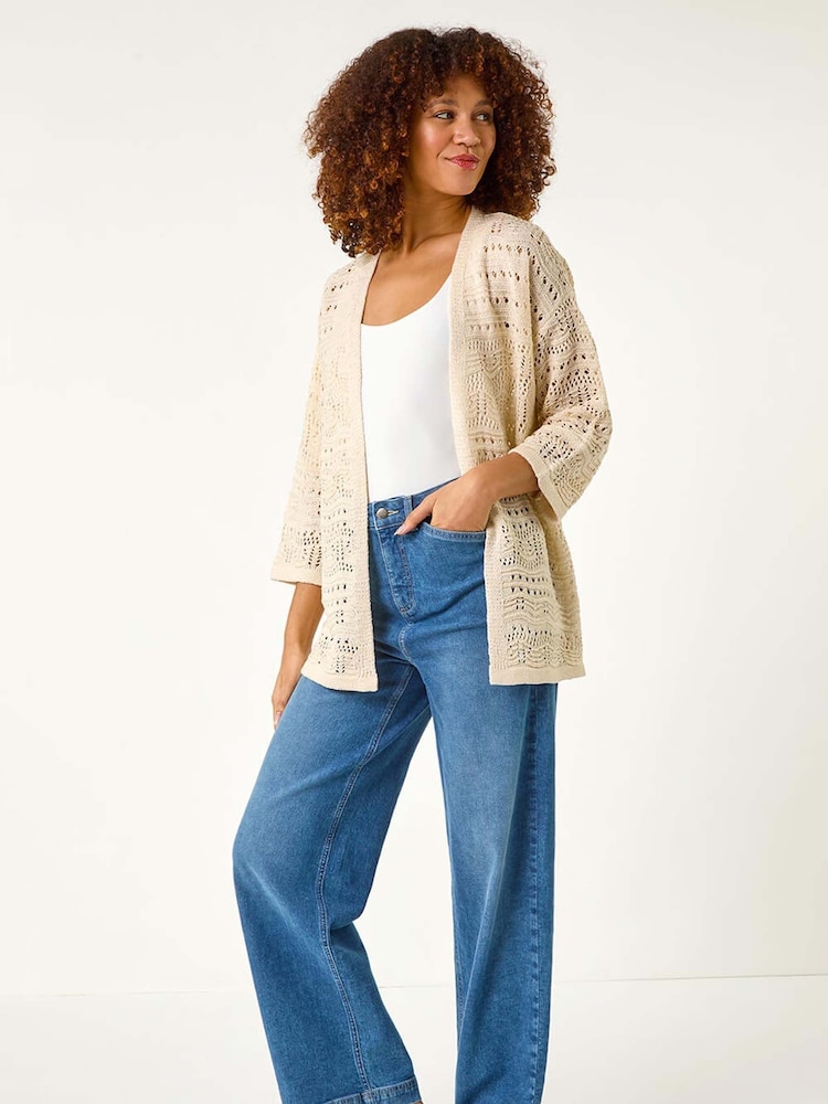 Roman Natural 3/4 Sleeve Stitch Detail Cardigan - Image 1 of 5