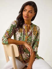 Roman Green Contrast Print Pintuck Shirt - Image 1 of 5