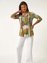 Roman Green Contrast Print Pintuck Shirt - Image 2 of 5