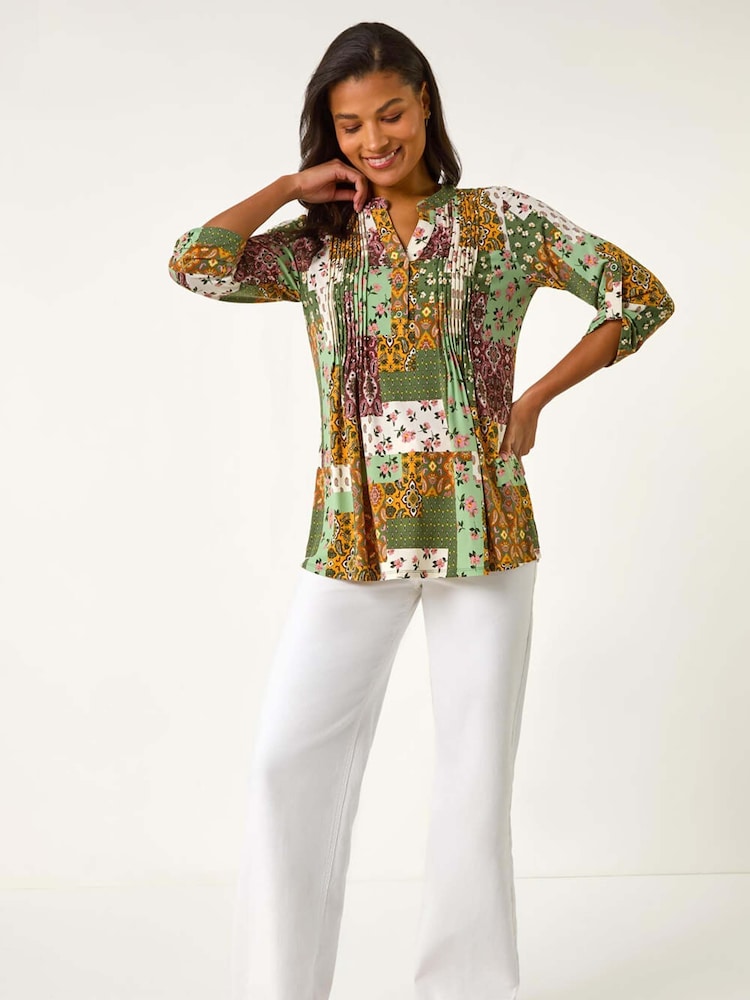 Roman Green Contrast Print Pintuck Shirt - Image 2 of 5