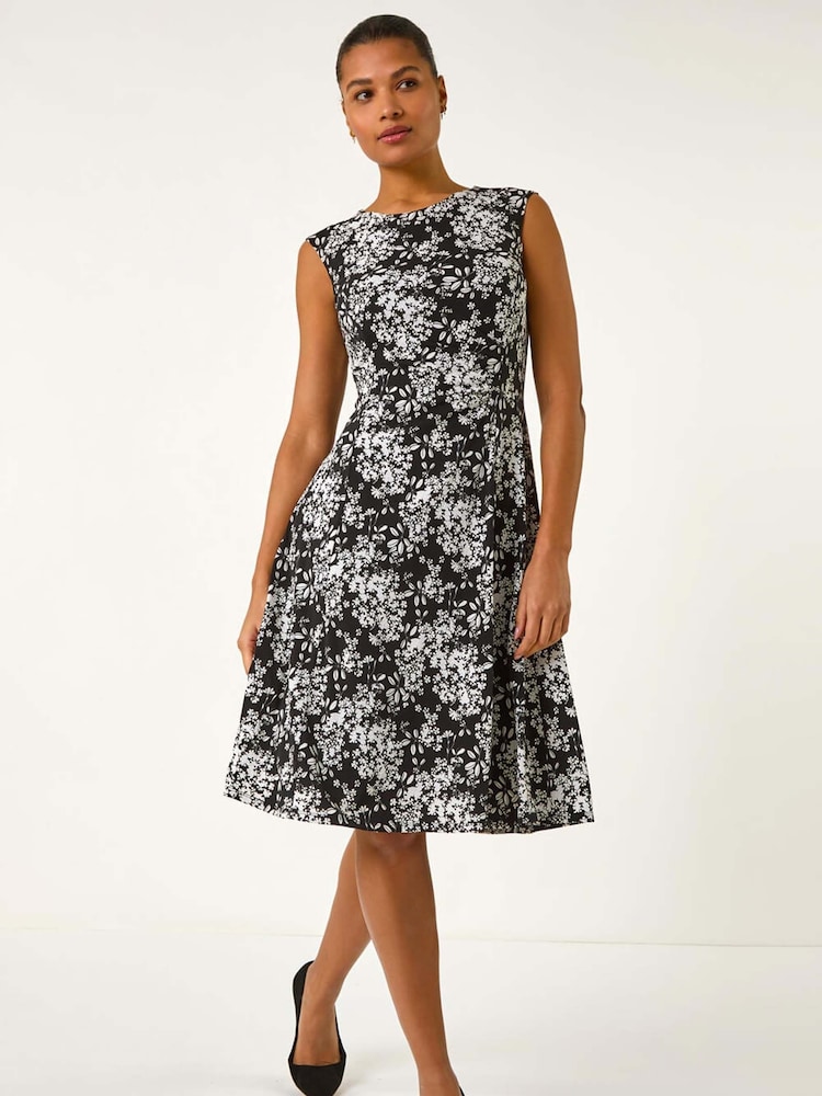 Roman Black Floral Print Puff Gathered Midi Dress - Image 1 of 5