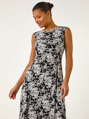 Roman Black Floral Print Puff Gathered Midi Dress - Image 2 of 5
