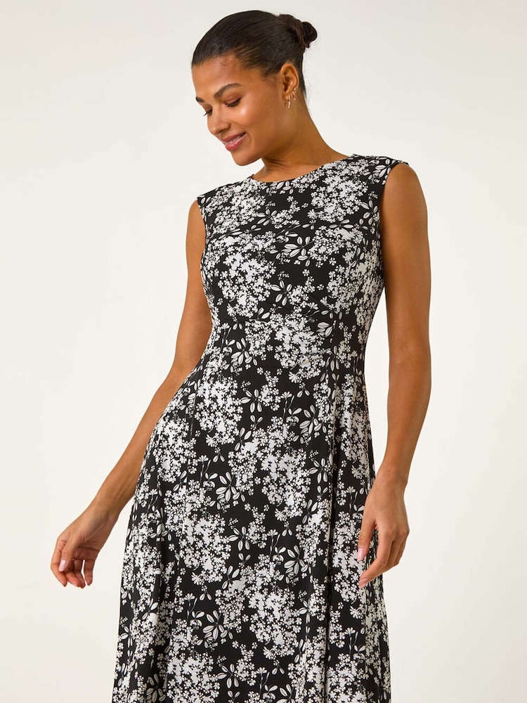 Roman Black Floral Print Puff Gathered Midi Dress - Image 2 of 5