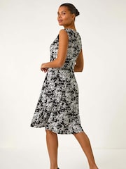 Roman Black Floral Print Puff Gathered Midi Dress - Image 3 of 5