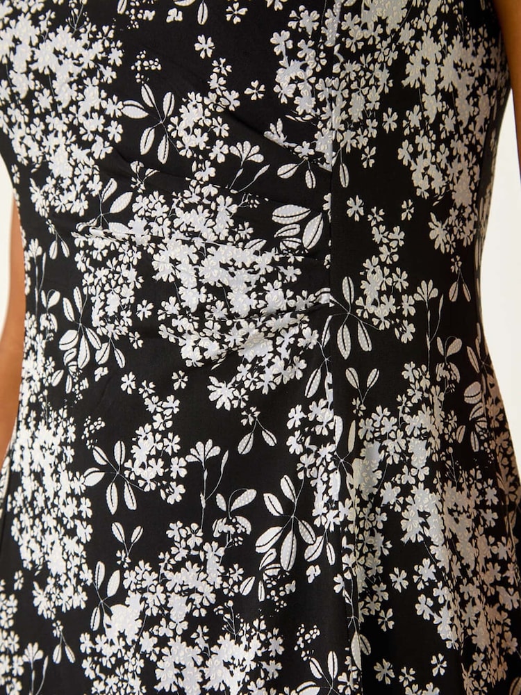 Roman Black Floral Print Puff Gathered Midi Dress - Image 5 of 5