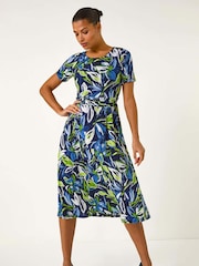 Roman Blue Leaf Print Gathered Midi Dress - Image 2 of 5