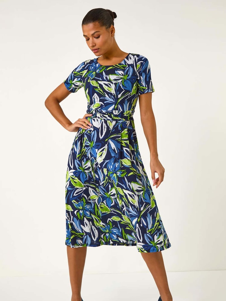 Roman Blue Leaf Print Gathered Midi Dress - Image 2 of 5
