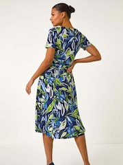 Roman Blue Leaf Print Gathered Midi Dress - Image 3 of 5