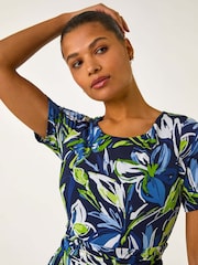 Roman Blue Leaf Print Gathered Midi Dress - Image 4 of 5