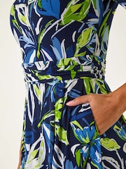Roman Blue Leaf Print Gathered Midi Dress - Image 5 of 5
