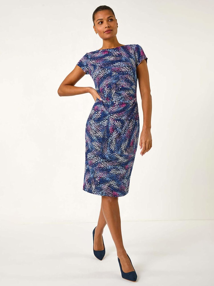 Roman Pink Abstract Print Gathered Shift Dress - Image 1 of 5