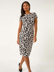 Roman Black Abstract Animal Print Gathered Shift Dress - Image 1 of 5