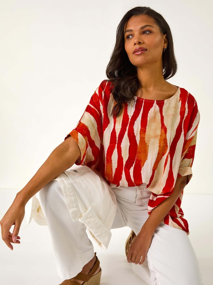 Roman Red Abstract Buttoned Top - Image 1 of 5
