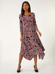 Roman Red Leaf Print Hanky Hem Stretch Midi Dress - Image 1 of 5